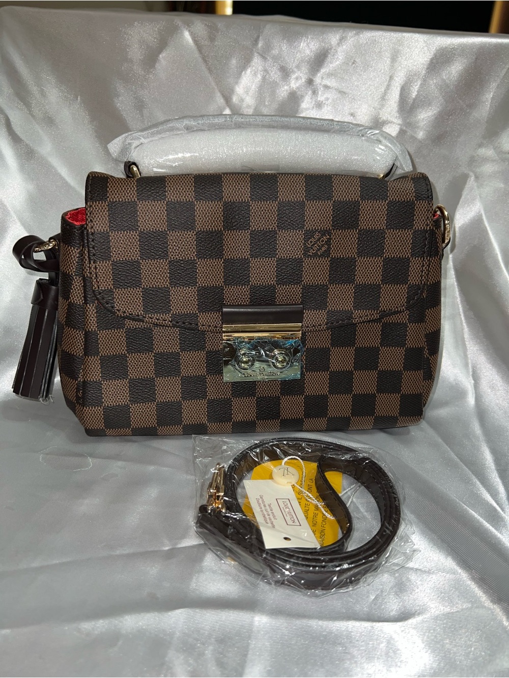 Inspired Luxury Checkered Brown Crossbody Bag with Gold Hardware